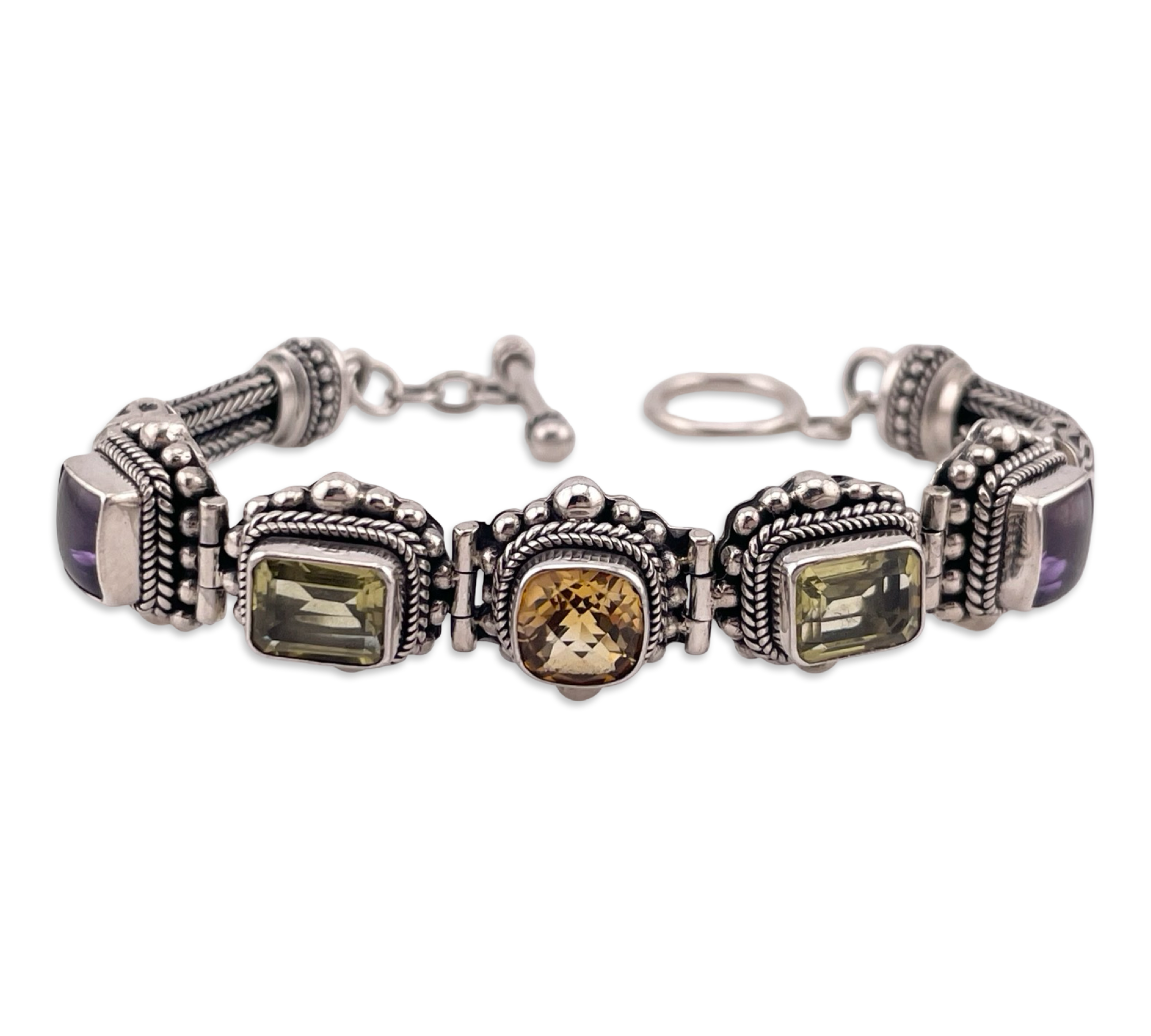 sterling silver 7-1/2" faceted multi-stone wheat chain link bracelet