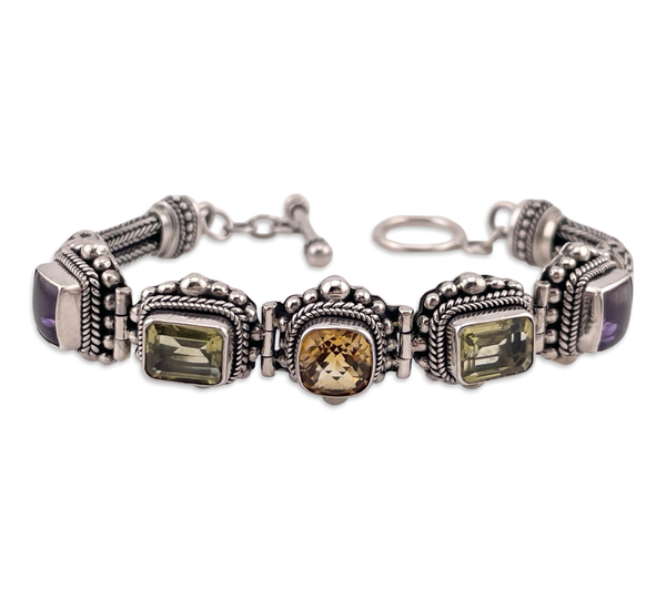 sterling silver 7-1/2" faceted multi-stone wheat chain link bracelet