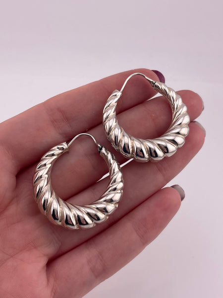 sterling silver 1 1/4" textured hollow hoop earrings