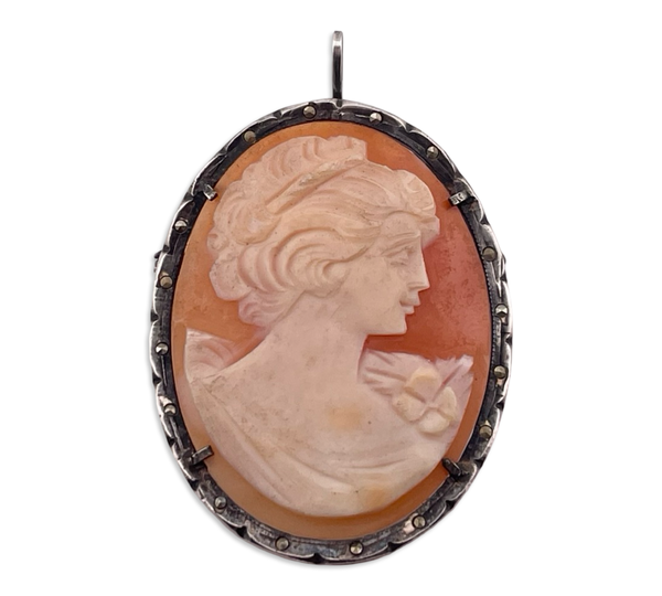 800 silver marcasite carved shell cameo brooch / pendant **AS IS**