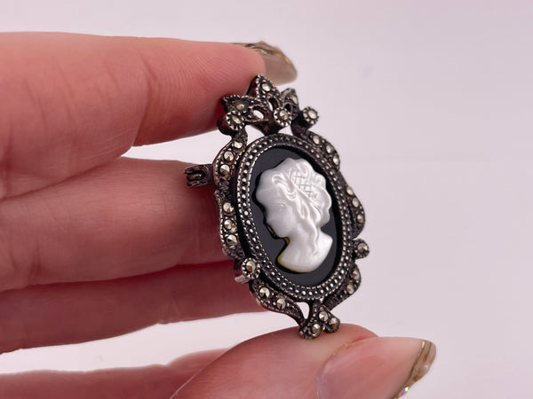 sterling silver marcasite onyx plastic cameo pendant brooch