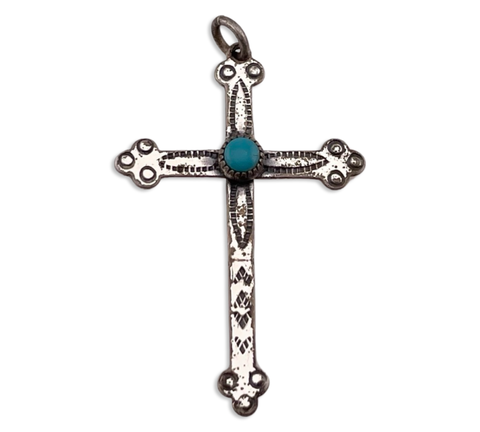 sterling silver Bell Trading Post synthetic turquoise stamped cross pendant
