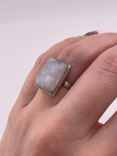 size 6.75 sterling silver rectangle rainbow moonstone ring ***AS IS***