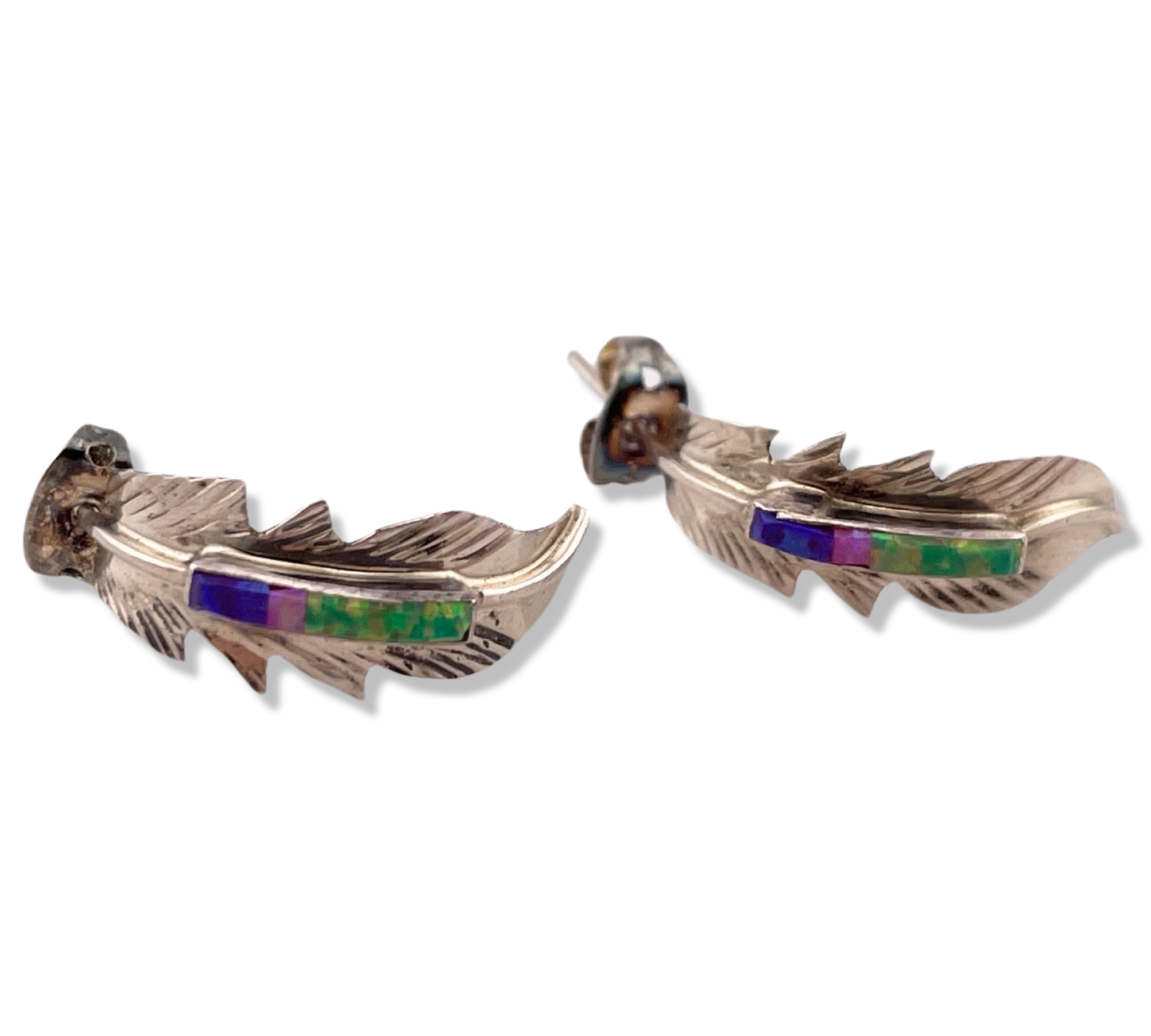 sterling silver synthetic opal inlay feather post earrings