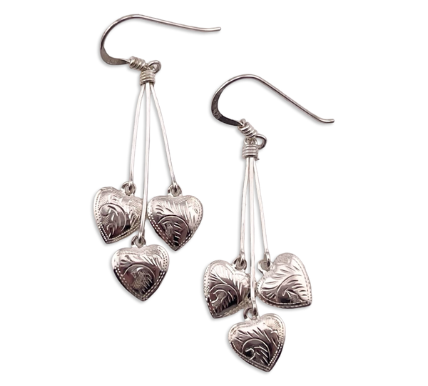sterling silver etched triple heart dangle earrings