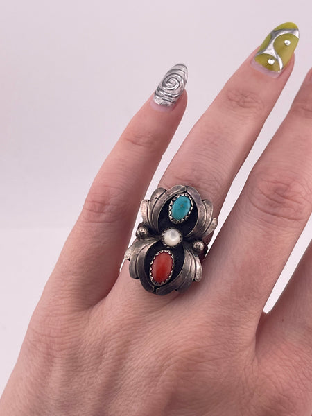 size 7 sterling silver coral mother of pearl turquoise  ring