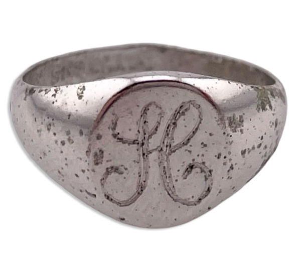 size 3 sterling silver rhodium plated 'H' letter initial signet ring