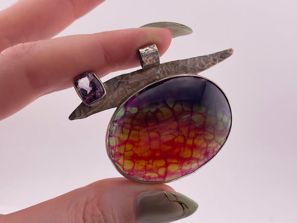 sterling silver artisan dragon scale agate faceted amethyst pendant
