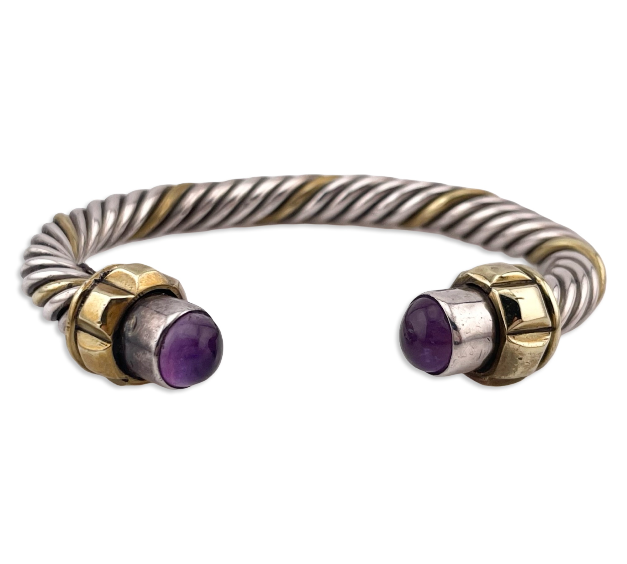 sterling silver & brass heavy cable twist amethyst cuff bracelet
