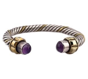sterling silver & brass heavy cable twist amethyst cuff bracelet