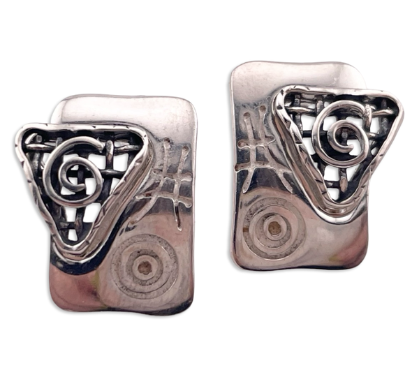 rhodium plated sterling silver stoneless funky swirl spiral rectangle post earrings