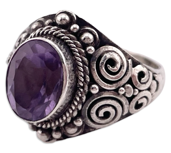 size 5 sterling silver faceted amethyst swirl design ring