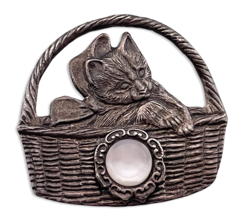 sterling silver mother of pearl cat in basket brooch pin