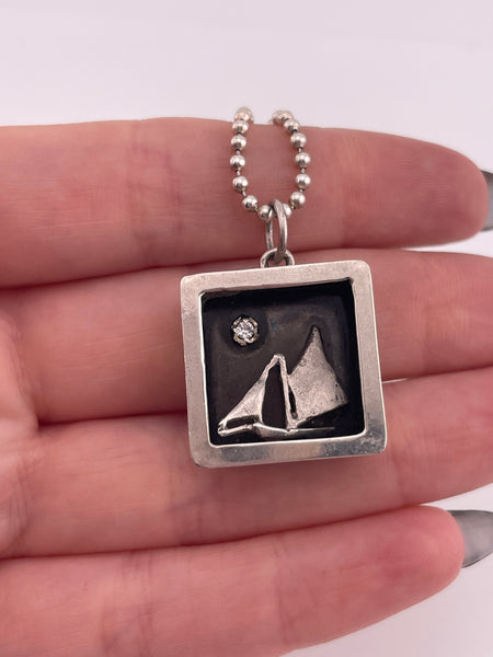 sterling silver 18-3/4" sailboat shadowbox pendant necklace