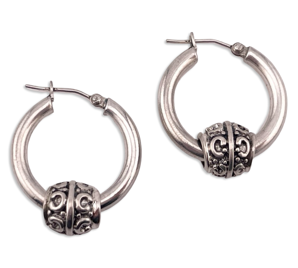 rhodium plated sterling silver 7/8" hoops w/ spinning enhancers earrings
