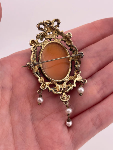 sterling silver 2-1/2" faceted glass faux pearl cameo pendant brooch combo ***AS IS***