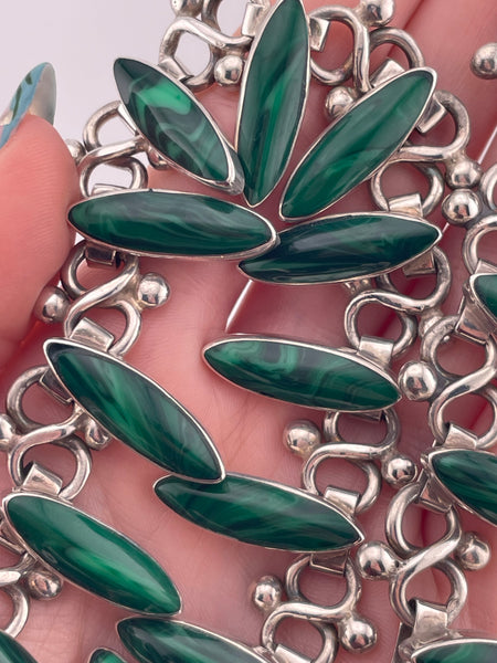 sterling silver 17 1/2" Mexican synthetic malachite collar necklace