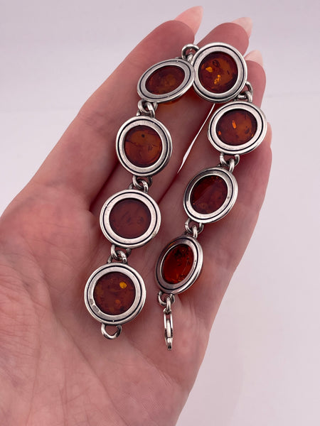 sterling silver 7-5/8" round amber link bracelet