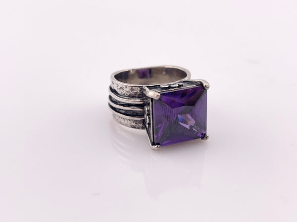 size 6 sterling silver chunky faceted purple glass flower wide band square ring