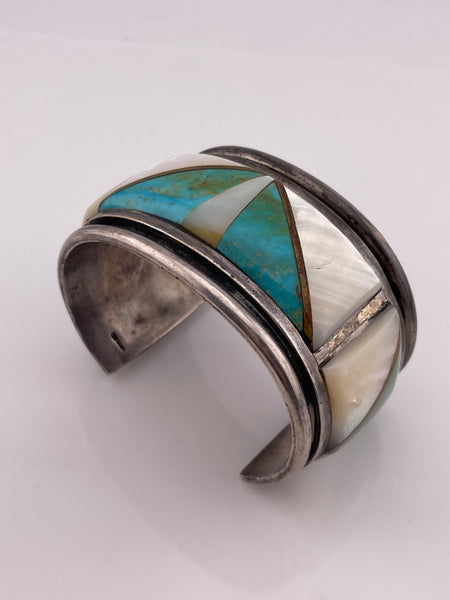 sterling silver heavy turquoise, mother of pearl, & brass inlay cuff bracelet