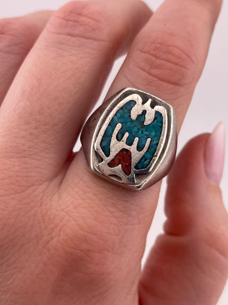 size 10 sterling silver crushed turquoise & coral peyote bird ring