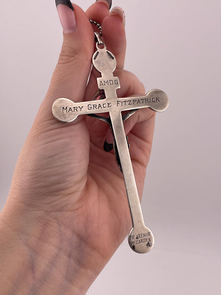 sterling silver large Parenti Sisters engraved bishop's crucifix cross pendant