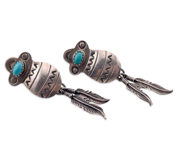 sterling silver turquoise stamped feather dangle post earrings
