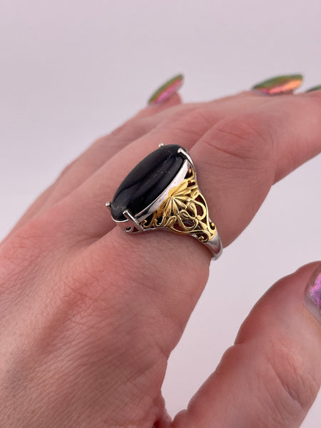 size 7.25 sterling silver gold wash synthetic black stone ring