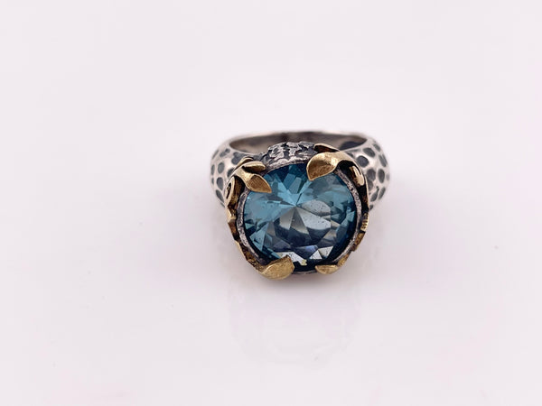 size 6.5 sterling silver & brass Bora faceted blue glass textured ring