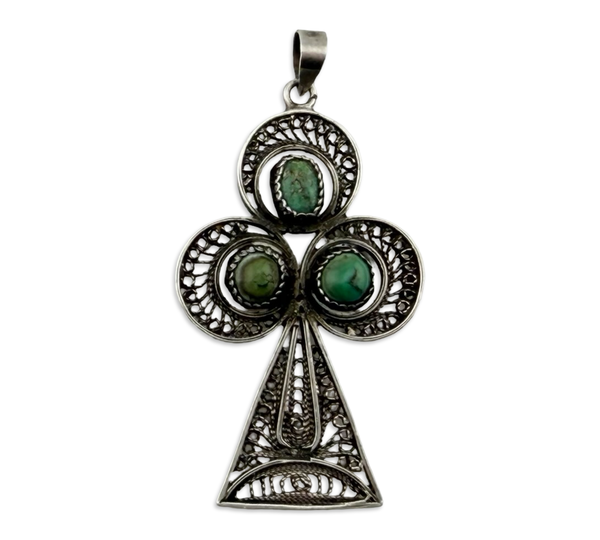 800 silver Ankh style cross turquoise filigree pendant