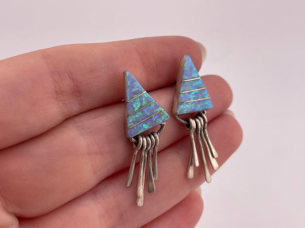 sterling silver blue green lab opal triangle inlay fringe post earrings