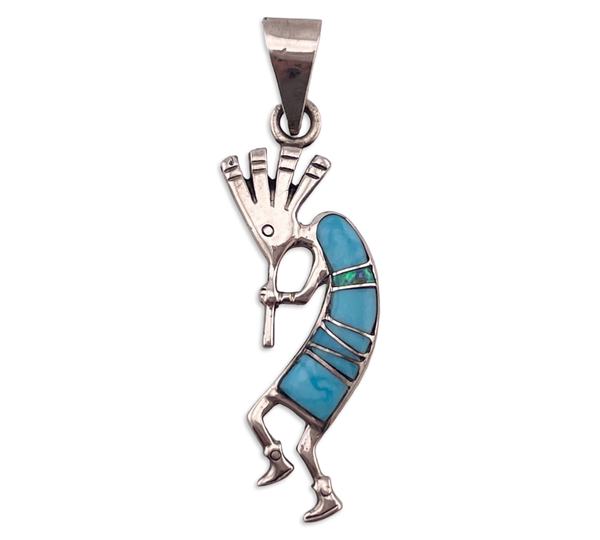 sterling silver synthetic turquoise lab opal Kokopelli pendant