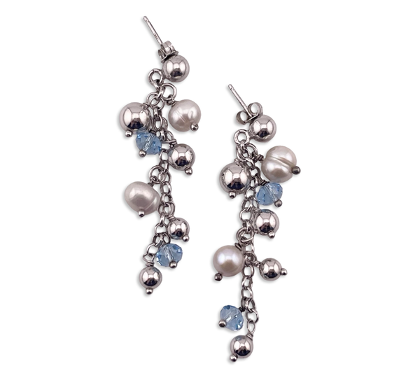 sterling silver 2-1/4" pearl blue plastic bead chandelier post dangle earrings