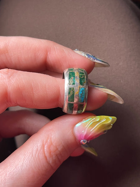 size 6.5 sterling silver chunky green turquoise inlay band ring