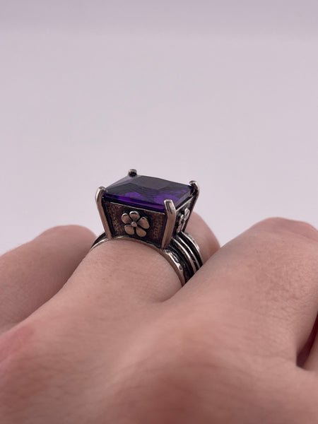 size 6 sterling silver chunky faceted purple glass flower wide band square ring
