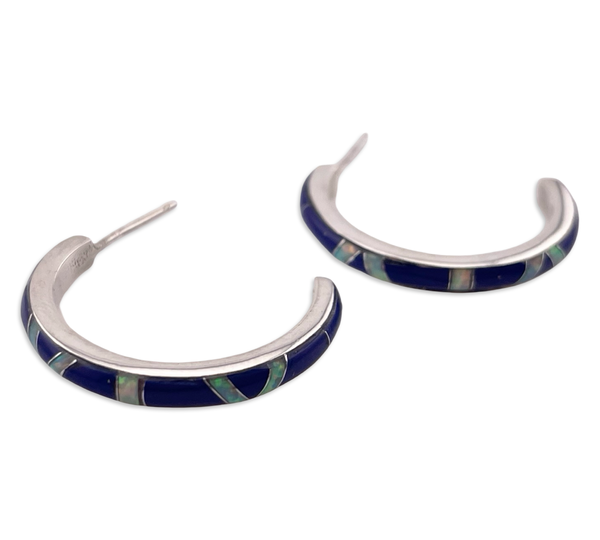 sterling silver lapis lab opal post partial hoop earrings