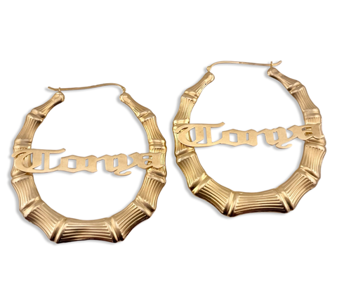 sterling silver gold plated large 3" 'Tonya' name bamboo hoop earrings