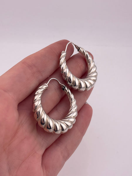 sterling silver 1 1/4" textured hollow hoop earrings