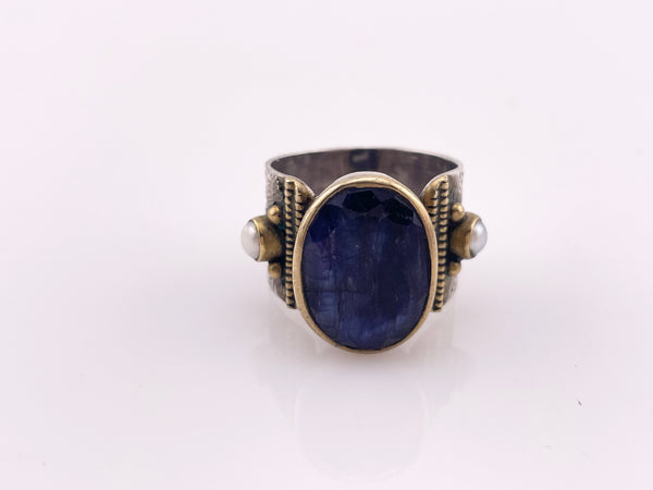 size 8.75 sterling silver & brass kyanite pearl flower band ring