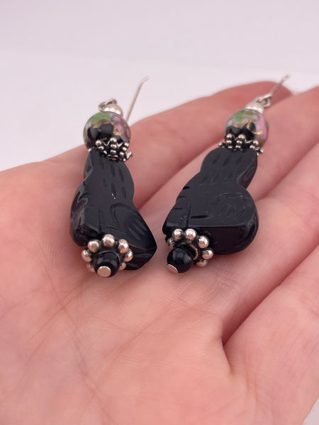 sterling silver carved cat bead dangle earrings