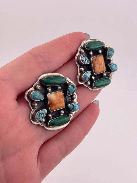 sterling silver Navajo Gary Johnson spiny oyster turquoise malachite post earrings