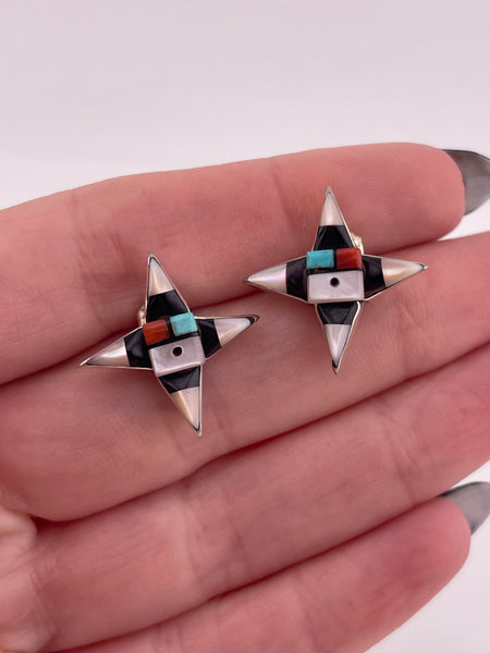 sterling silver Zuni inlay multi-stone post earrings