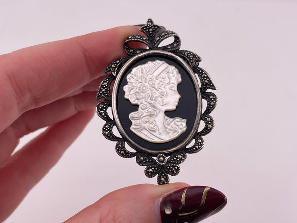 sterling silver onyx plastic cameo marcasite pendant brooch