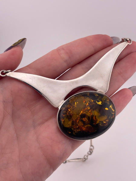 sterling silver 17-1/2" amber collar necklace