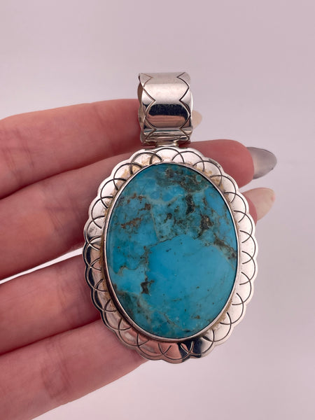 sterling silver 2-1/2" DTR large stabilized turquoise stamped pendant ***Hairline Cracks***