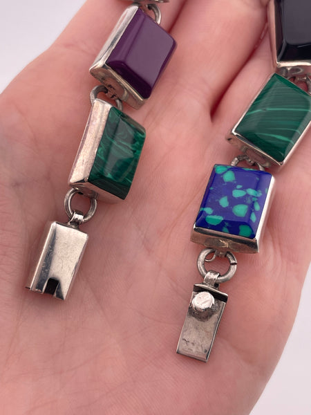 sterling silver Mexican heavy synthetic stone link bracelet