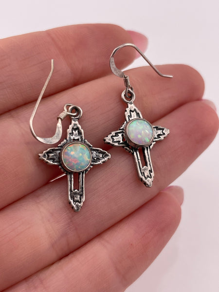 sterling silver lab opal cross dangle earrings