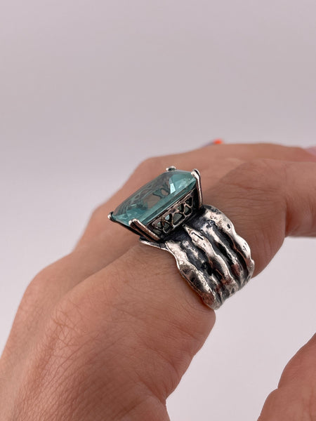 size 7.75 sterling silver designer Silpada chunky blue glass rectangle ring