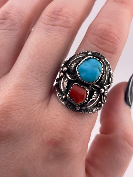 size 9.75 sterling silver turquoise & coral ring