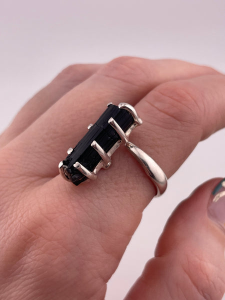 size 8.5-9.5 adjustable sterling silver black tourmaline ring **AS IS**